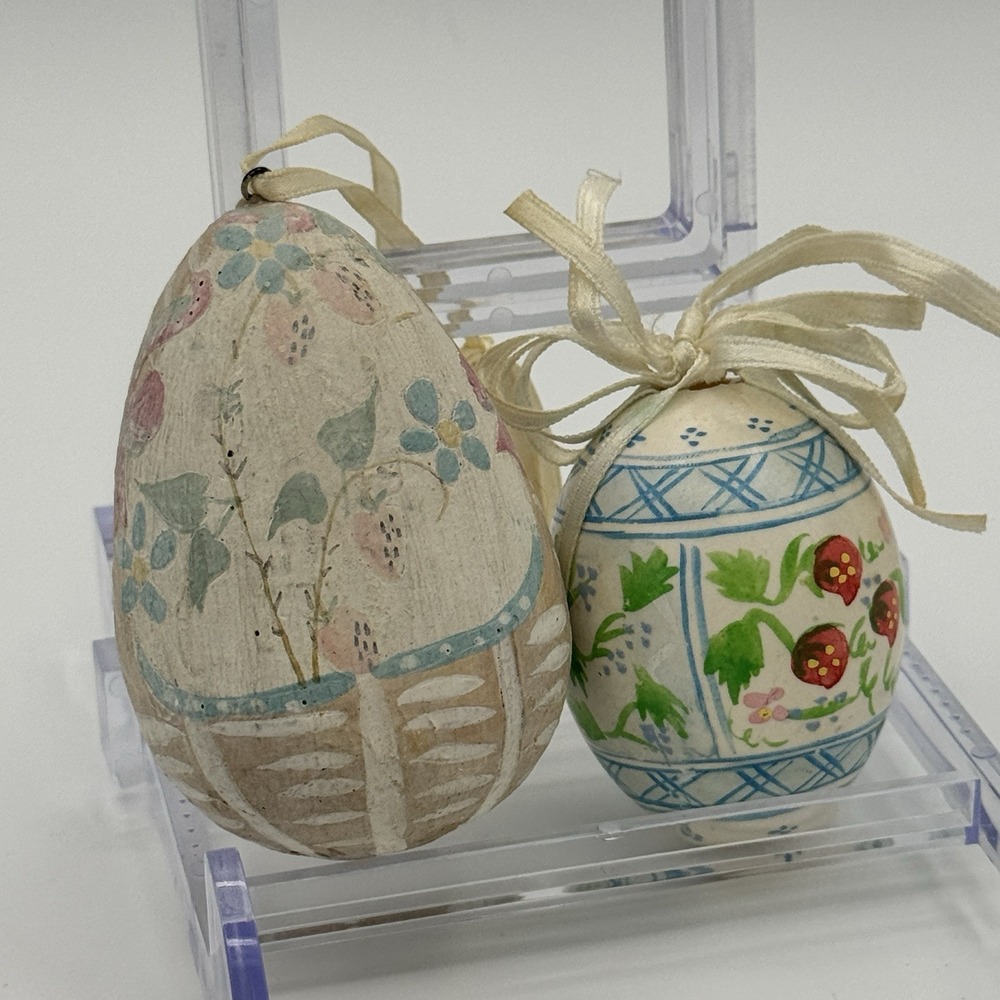 Vintage Hand Painted Easter Egg Ornaments Folk Art Spring‎ Decor Set of 2